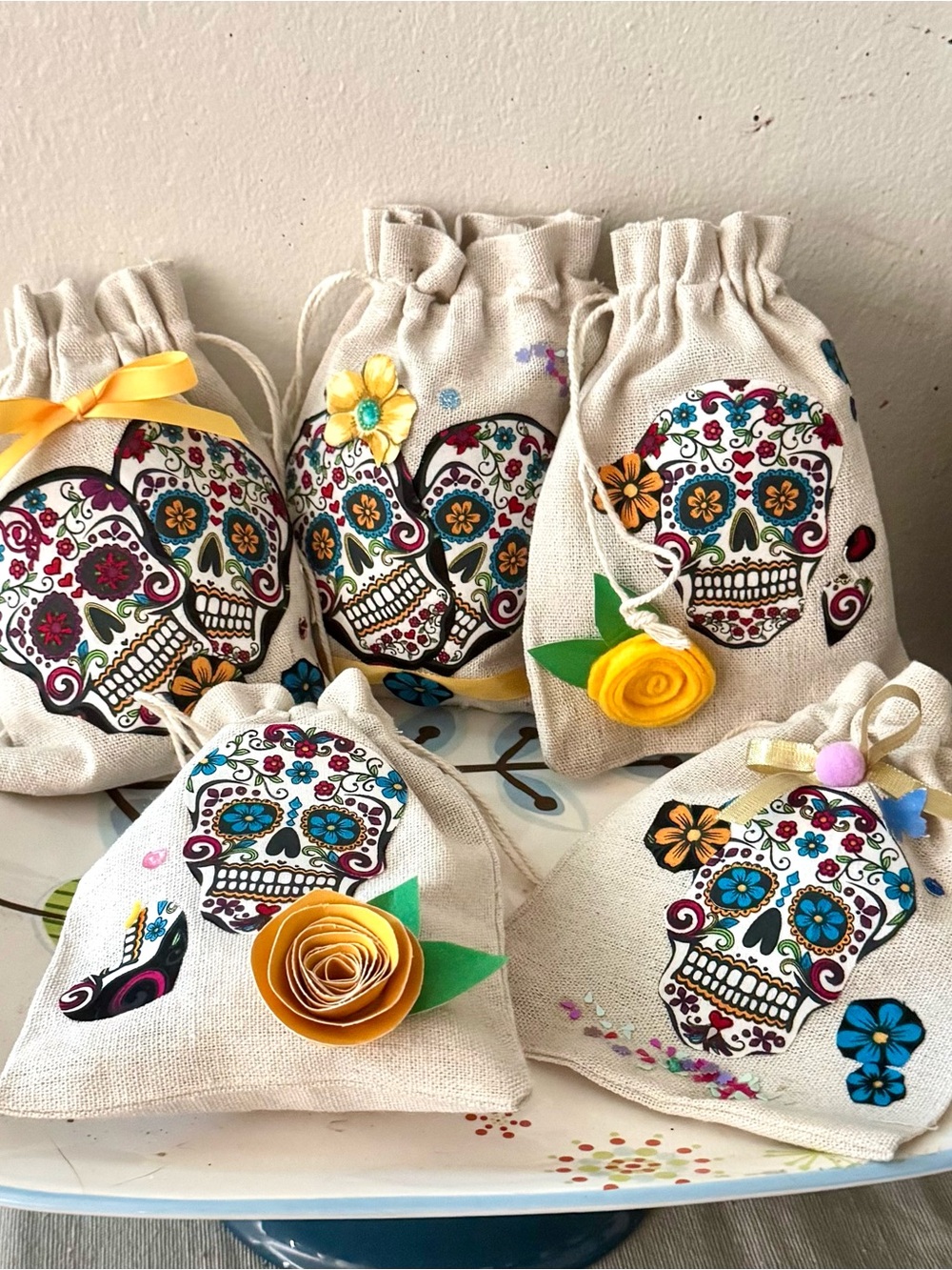 3 linen Drawstring sugar skull Gift Bags